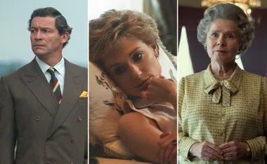 Three characters from "The Crown" Season 5; left in a suit, center reclining, right standing in blouse.