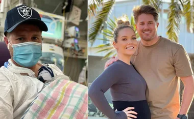 Man in hospital with infant and couple smiling outdoors.
