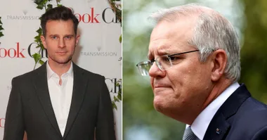 Two men in a split image; one on the left in a suit at an event, and the other on the right in glasses outdoors.