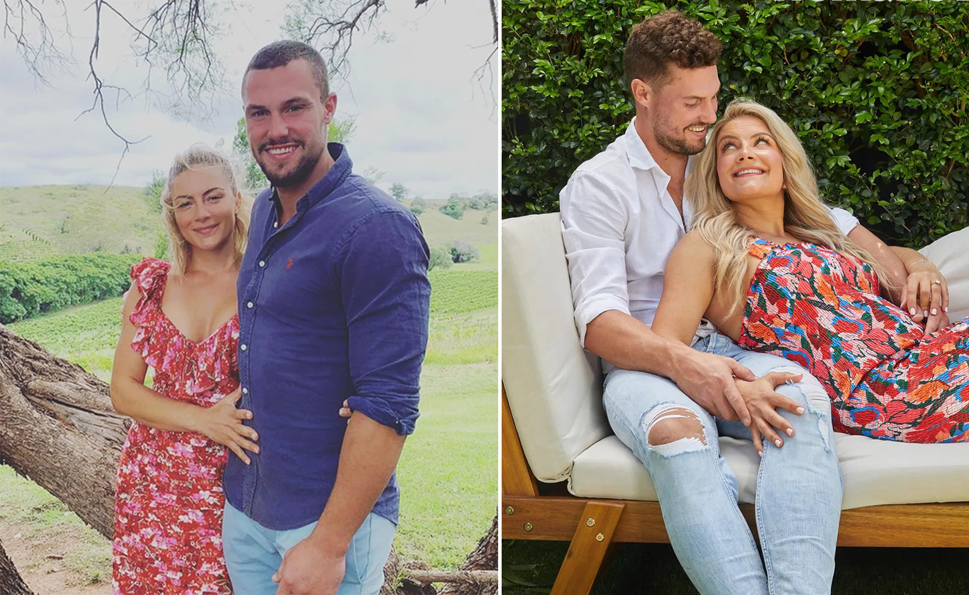 Couple in casual outfits outdoors; first by a tree, second on a bench, smiling and embracing.