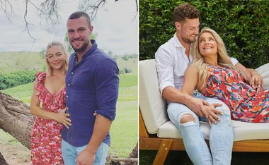 Couple in casual outfits outdoors; first by a tree, second on a bench, smiling and embracing.