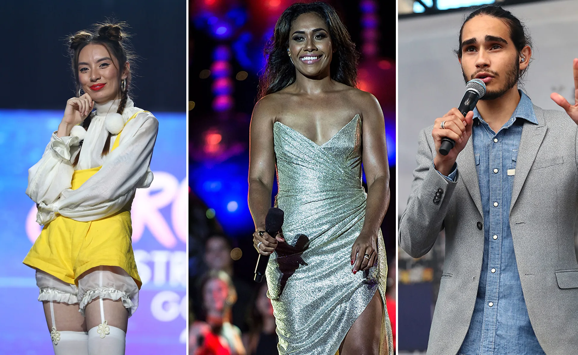 Three individuals performing: left in yellow outfit, center in silver dress holding a mic, right in grey blazer speaking.