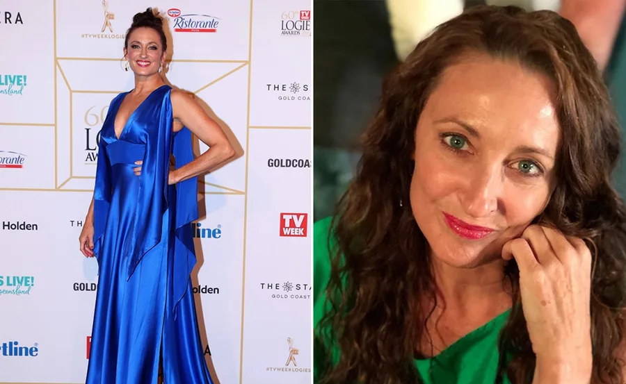 Woman in blue gown at an event and close-up of the same woman in a green top smiling.