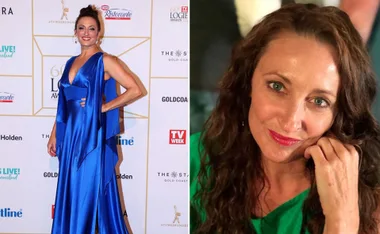 Woman in blue gown at an event and close-up of the same woman in a green top smiling.