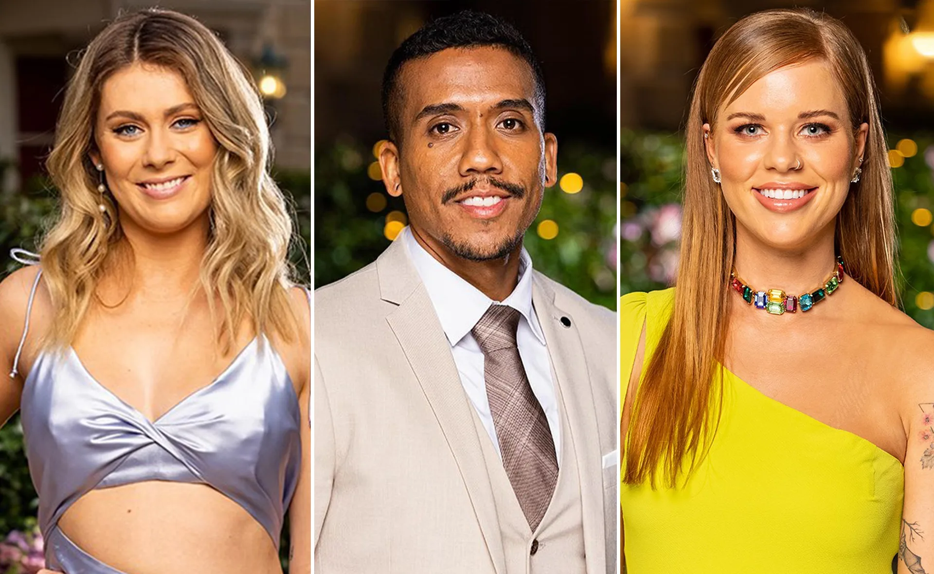 Three people from "The Bachelorette 2021" dressed formally, smiling at an event with blurred lights in the background.