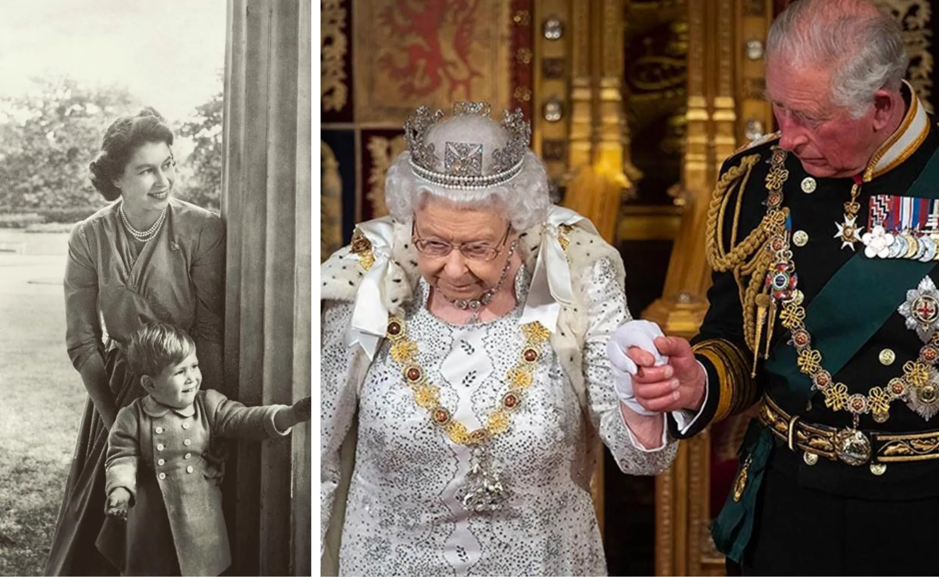 "Side-by-side images of a young queen with a child, and an elderly queen with a man in ceremonial attire."
