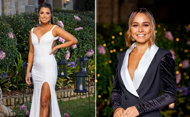 Women posing in elegant attire in a garden setting at night, with decorative lights and flowers in the background.