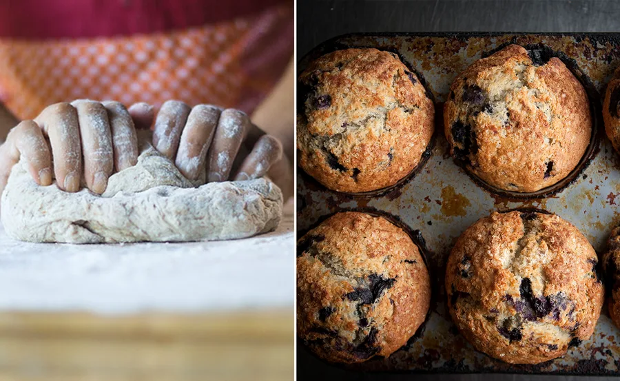 "Hands kneading dough; freshly baked blueberry muffins in a tin, showcasing egg substitutes for baking."