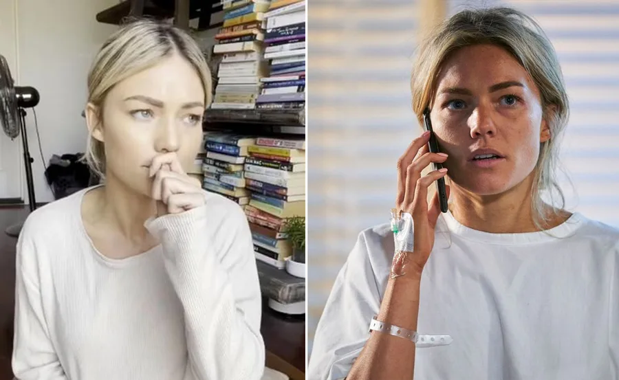 A woman in a beige sweater appears thoughtful; the other image shows her in a hospital gown on the phone.