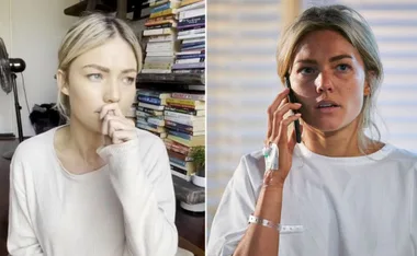 A woman in a beige sweater appears thoughtful; the other image shows her in a hospital gown on the phone.