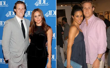 A couple poses at two events; one at an ADL function and the other casually in a gallery setting.