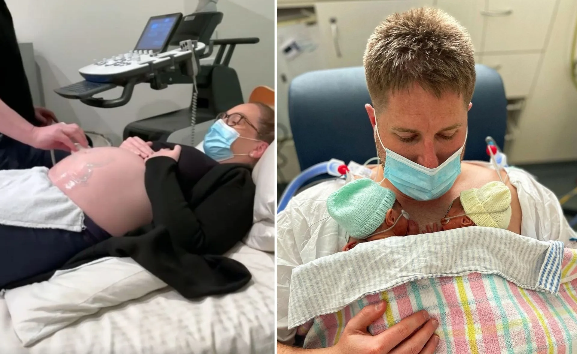 "Left: Woman getting ultrasound; Right: Man holding newborn twins, all wearing masks and hospital attire."