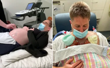 "Left: Woman getting ultrasound; Right: Man holding newborn twins, all wearing masks and hospital attire."
