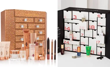 "Charlotte Tilbury and Net-a-Porter beauty advent calendars with makeup and skincare products displayed."