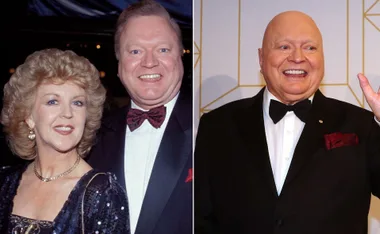 Two-image collage: Left, smiling couple in formal attire; right, a man in a tuxedo waving.