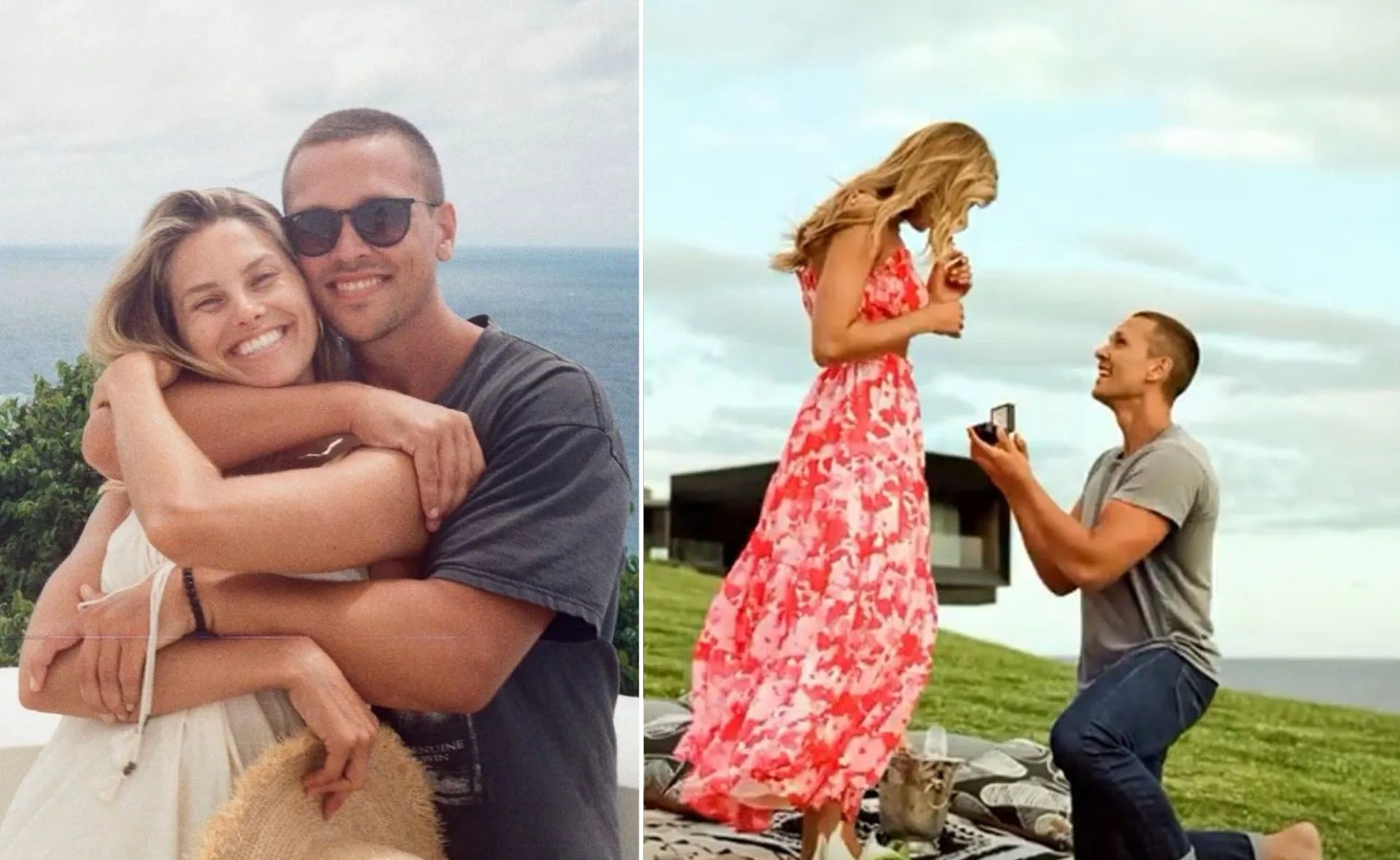 Man proposing to a woman on a grassy hill; couple hugging with an ocean view in the background.