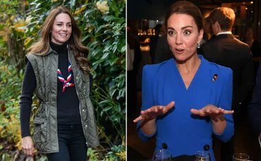 Kate Middleton in nature wearing a green vest and at COP26 event in a blue dress, engaging expressively.