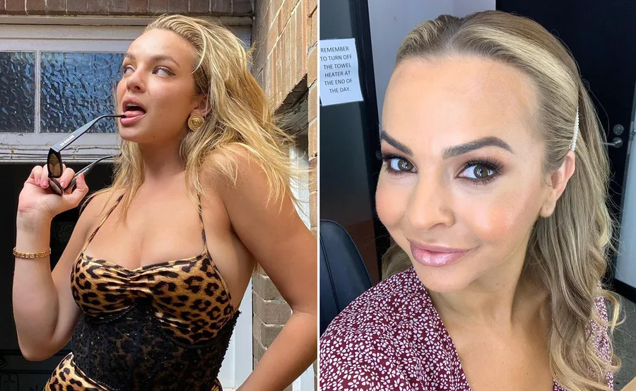 Two women posing separately; one with sunglasses in mouth and leopard print dress, the other with a smile and floral top.