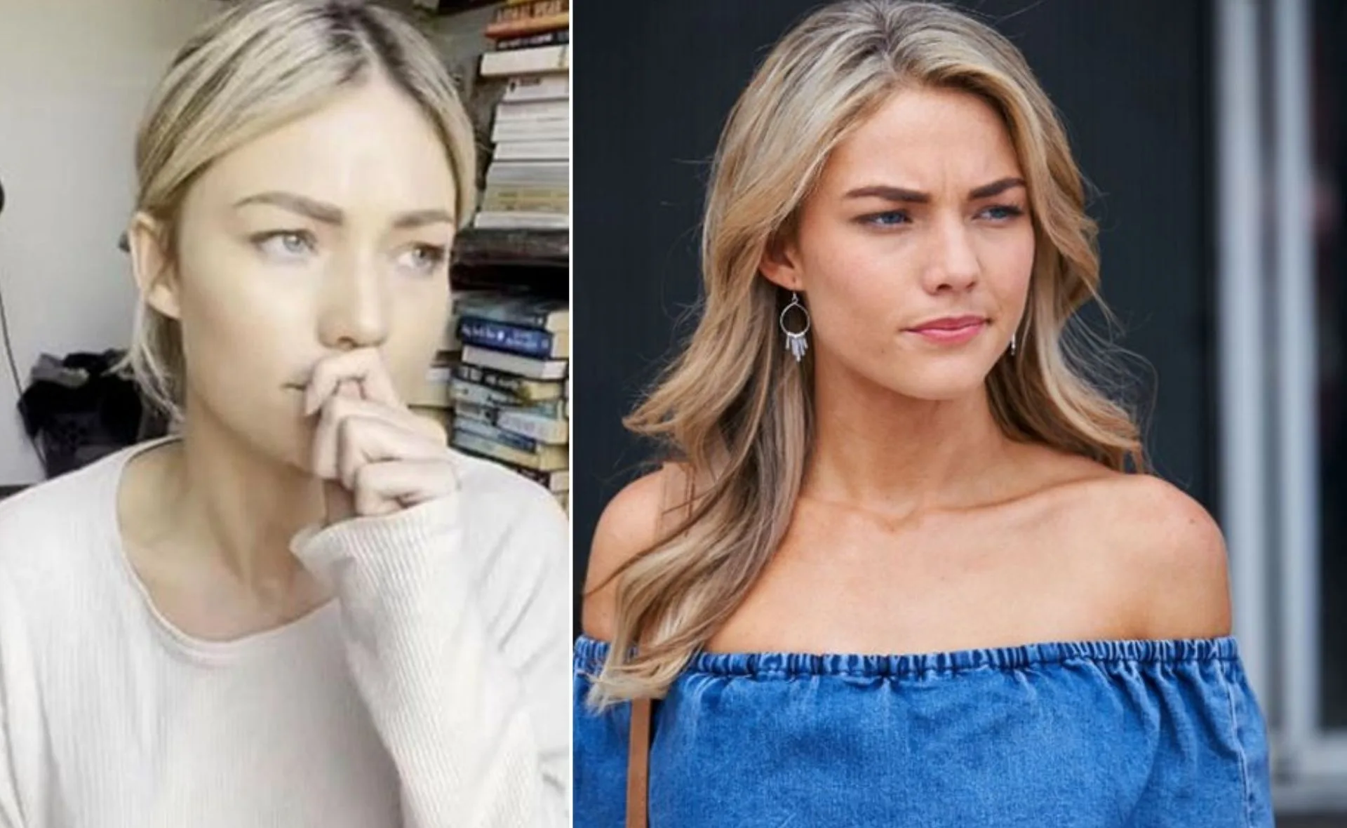 A woman indoors looks thoughtful on the left, and on the right, she stands outside in a blue off-shoulder dress.