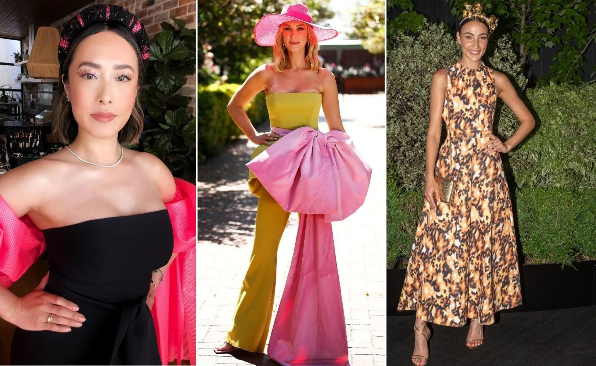 Three women in stylish outfits at Melbourne Cup 2021, featuring vibrant dresses, accessories, and headpieces.