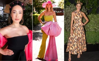 Three women in stylish outfits at Melbourne Cup 2021, featuring vibrant dresses, accessories, and headpieces.