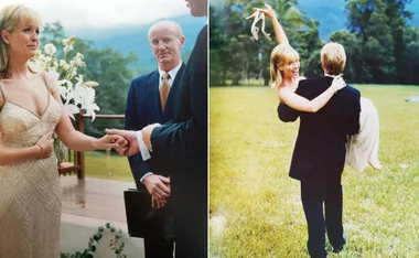 Wedding ceremony with woman in white dress holding hands; same woman lifted joyfully on lawn, holding shoes aloft.
