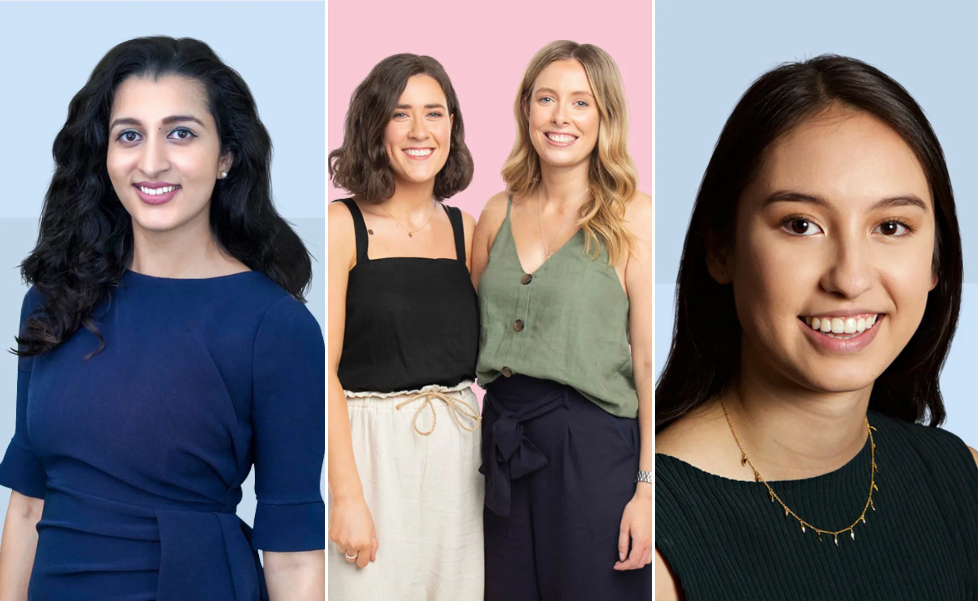 Four women finalists of the Women of the Future Awards, posed against pastel backgrounds, smiling confidently.