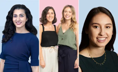 Four women finalists of the Women of the Future Awards, posed against pastel backgrounds, smiling confidently.