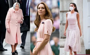 Royal family members wearing pink clothes: a pink coat with hat, a pink dress, and a pink sleeveless top and skirt.