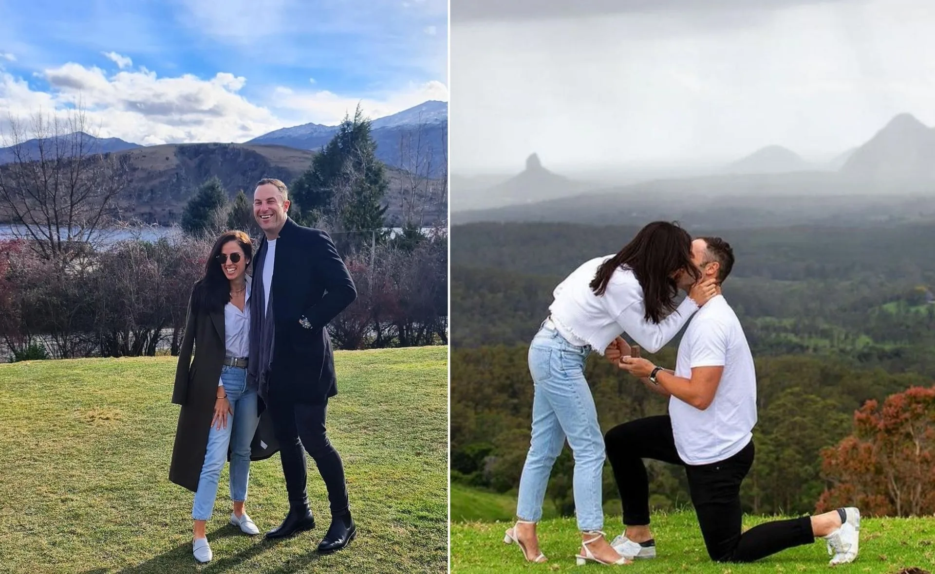 Couple smiling with mountain view; man proposing to woman in second image, set against scenic landscape.