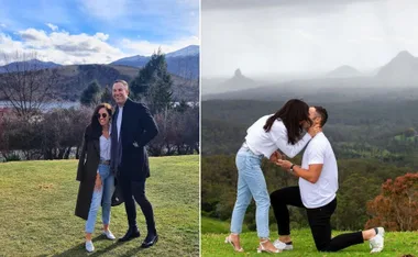 Couple smiling with mountain view; man proposing to woman in second image, set against scenic landscape.