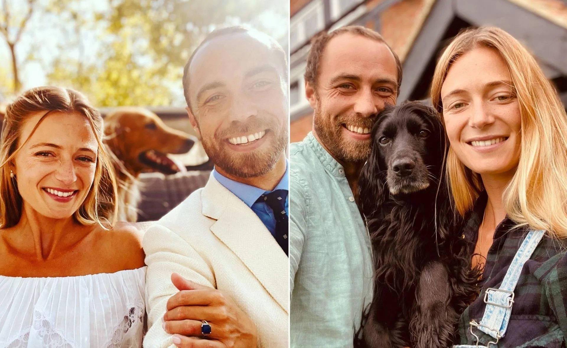 A couple smiling with their dog in two side-by-side photos; one with a golden retriever, one with a black dog.