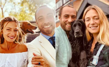 A couple smiling with their dog in two side-by-side photos; one with a golden retriever, one with a black dog.