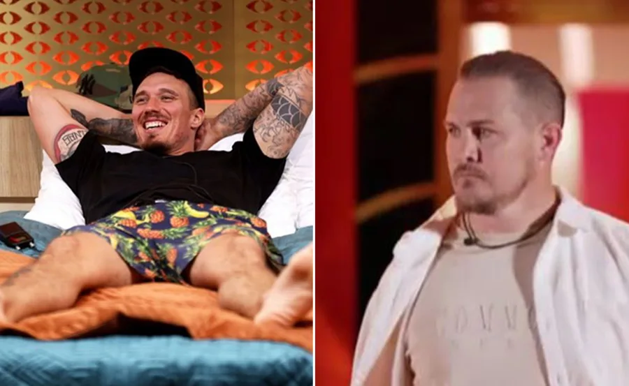 Two men from Big Brother VIP: one laughing on a bed in colorful shorts, the other serious in casual attire.