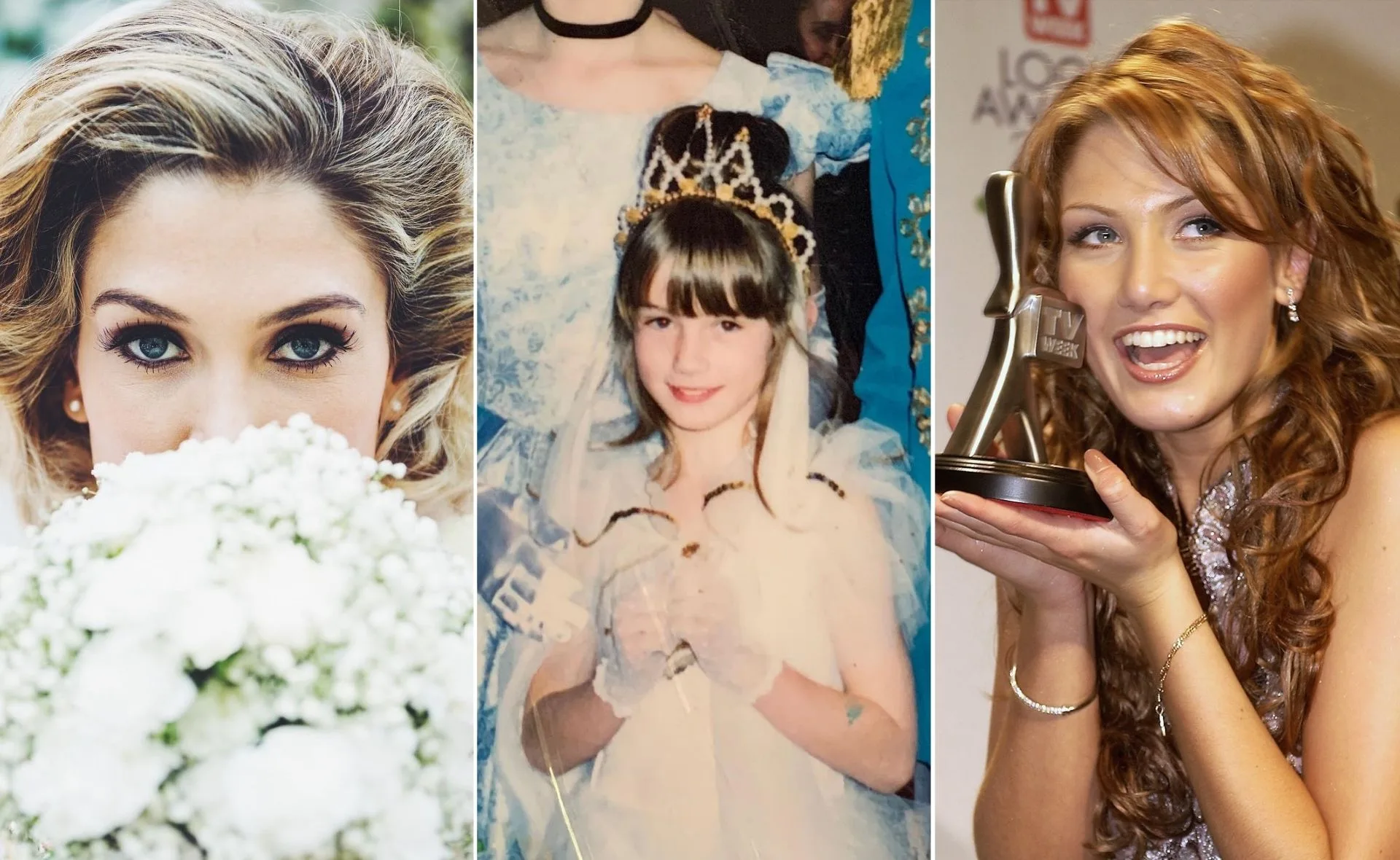 Three-image collage: Woman with flowers, child in a crown, woman holding an award and smiling.