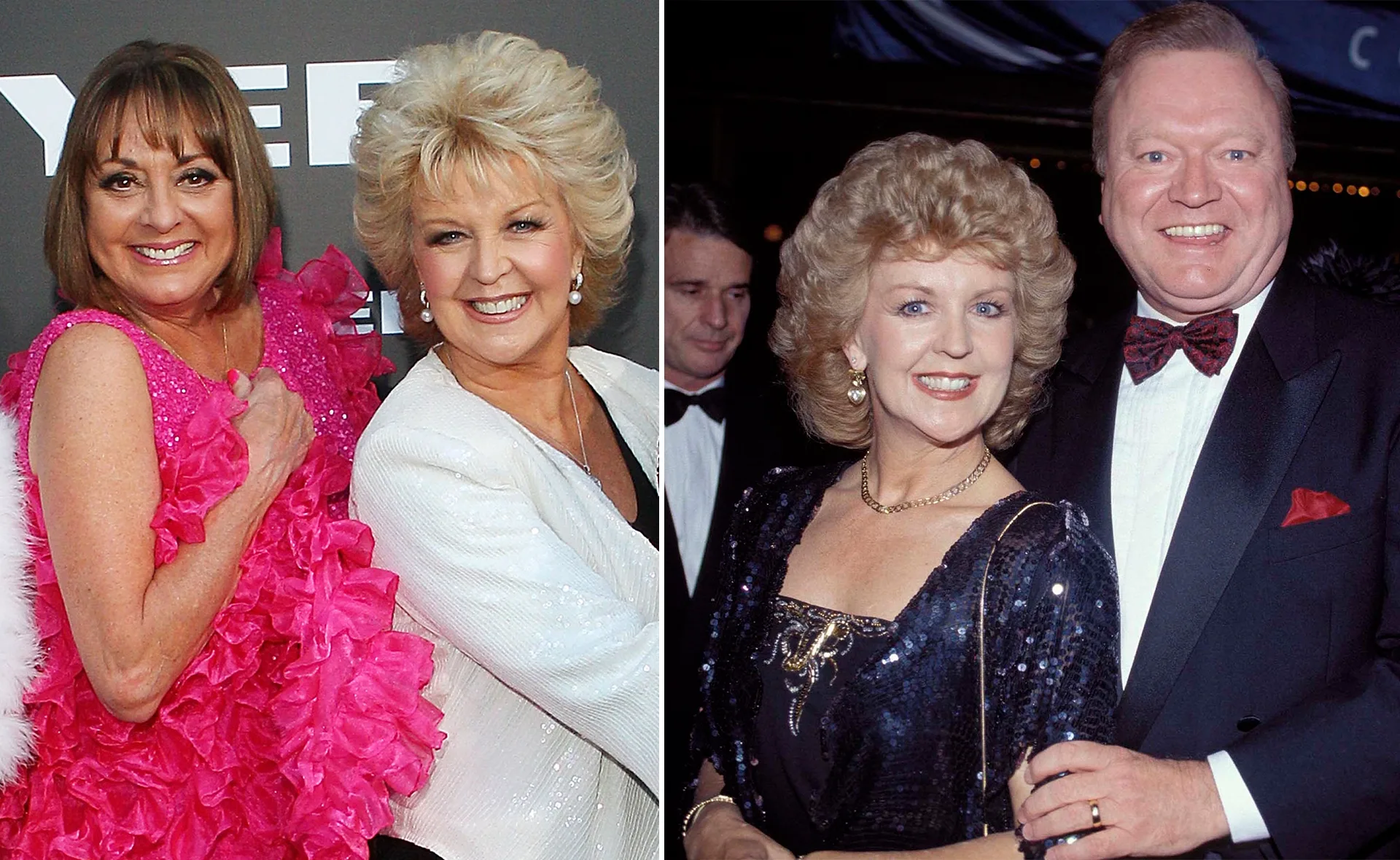 Two photos: Left, two women in bright outfits smiling. Right, woman and man in formal attire, smiling at an event.