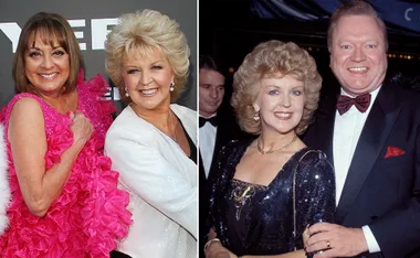 Two photos: Left, two women in bright outfits smiling. Right, woman and man in formal attire, smiling at an event.