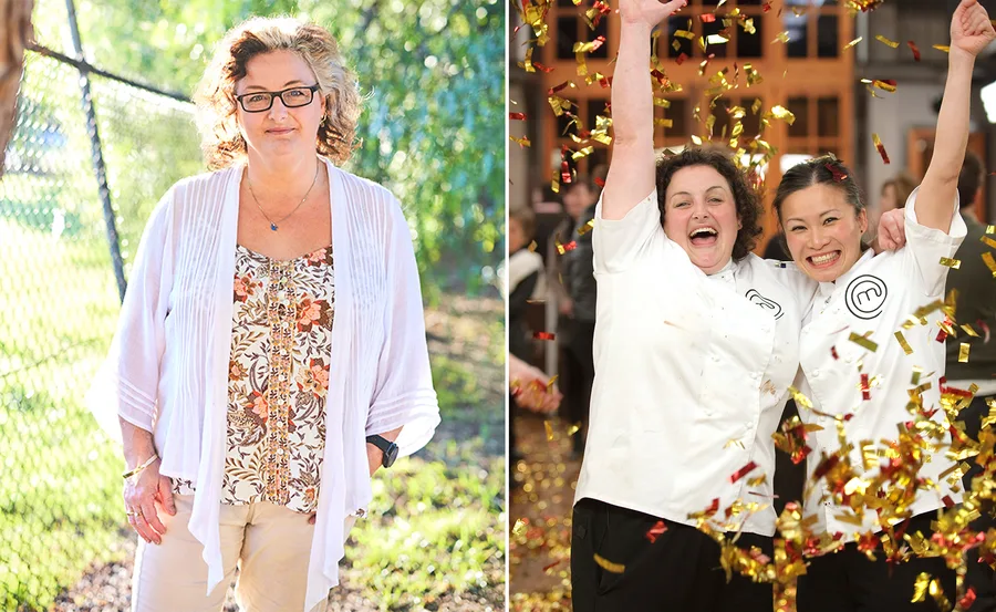 A woman smiling outdoors; two chefs celebrating with confetti.
