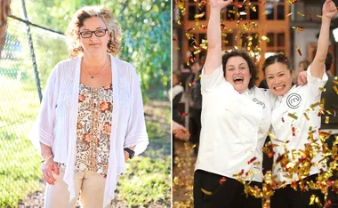 A woman smiling outdoors; two chefs celebrating with confetti.