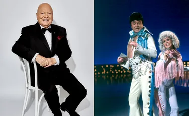 Bert Newton in a tuxedo, and on stage performing in an Elvis costume with a woman in a flamboyant outfit.