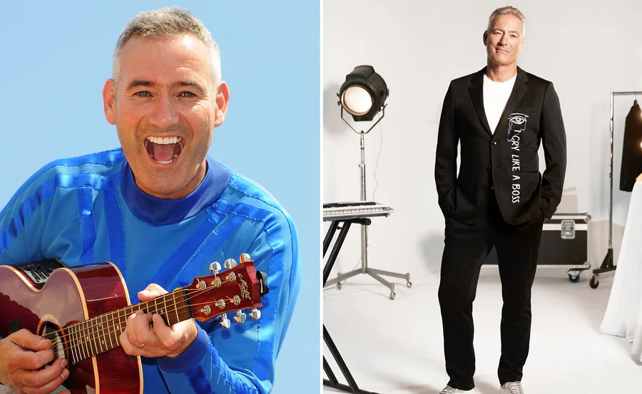 Man in blue shirt playing guitar outdoors; same man in black suit with "Cry Like a Boss" indoors near keyboard.