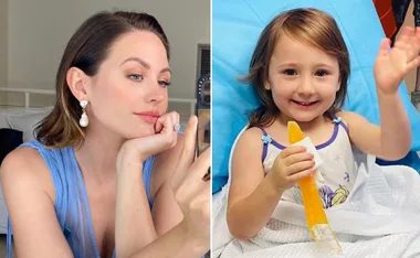 Two images side by side: one of a woman posing thoughtfully, the other of a smiling child with an ice pop.