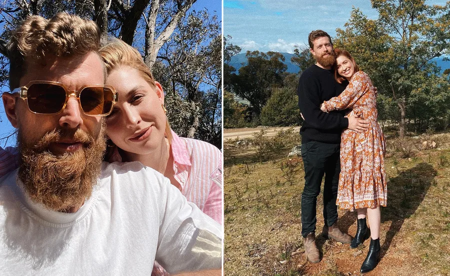 A couple posing together outdoors, one photo a selfie, the other in an embrace surrounded by trees.