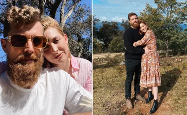 A couple posing together outdoors, one photo a selfie, the other in an embrace surrounded by trees.