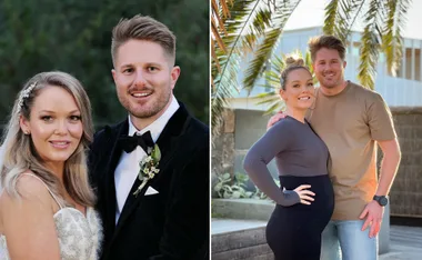 A couple posing together; one in wedding attire and the other time casually outdoors.