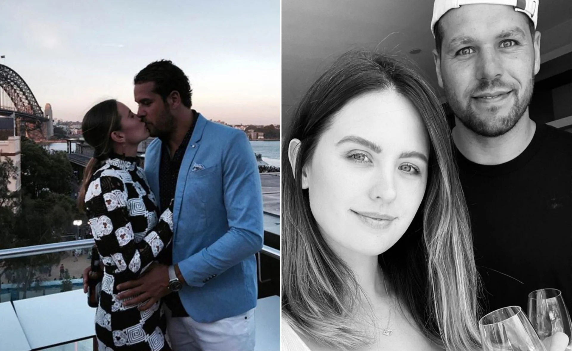 Couple kissing on Sydney balcony; black and white portrait of them with wine glasses, smiling.