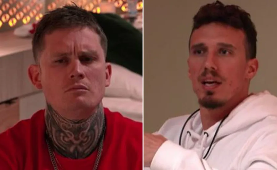 Two men are shown in a split image; one with tattoos in a red shirt, the other in a white hoodie, both appearing serious.