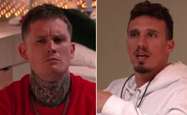 Two men are shown in a split image; one with tattoos in a red shirt, the other in a white hoodie, both appearing serious.