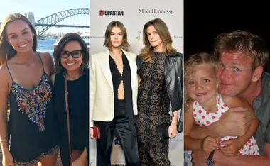 Three photos of individuals posing together. Left: two women by water. Center: a woman in white with a woman in patterned dress. Right: a man hugging a child.