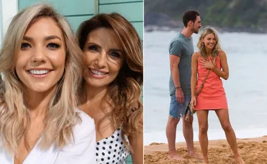 Two women smiling; one wearing a polka dot dress. A man and woman on the beach, woman in a coral dress smiling.